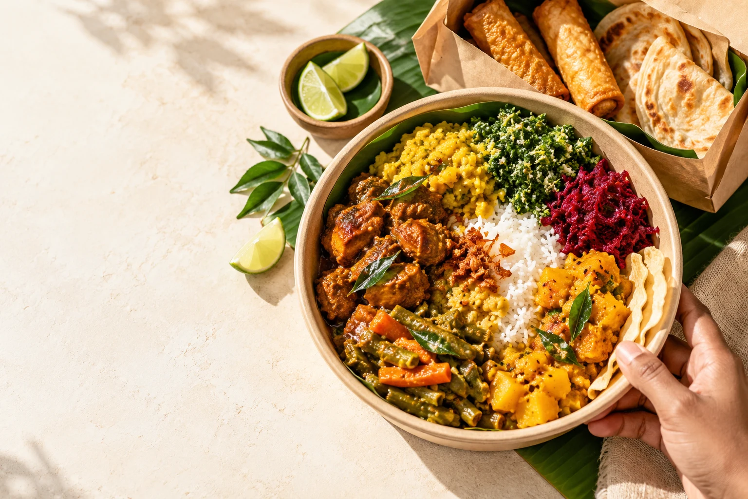 Sri Lankan rice and curry with bread and takeaway snacks