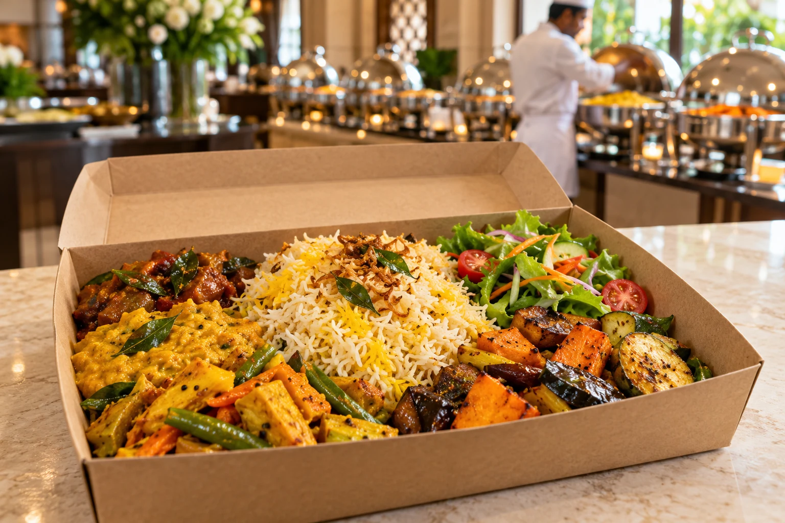 Packed surplus lunch selection at a hotel buffet counter